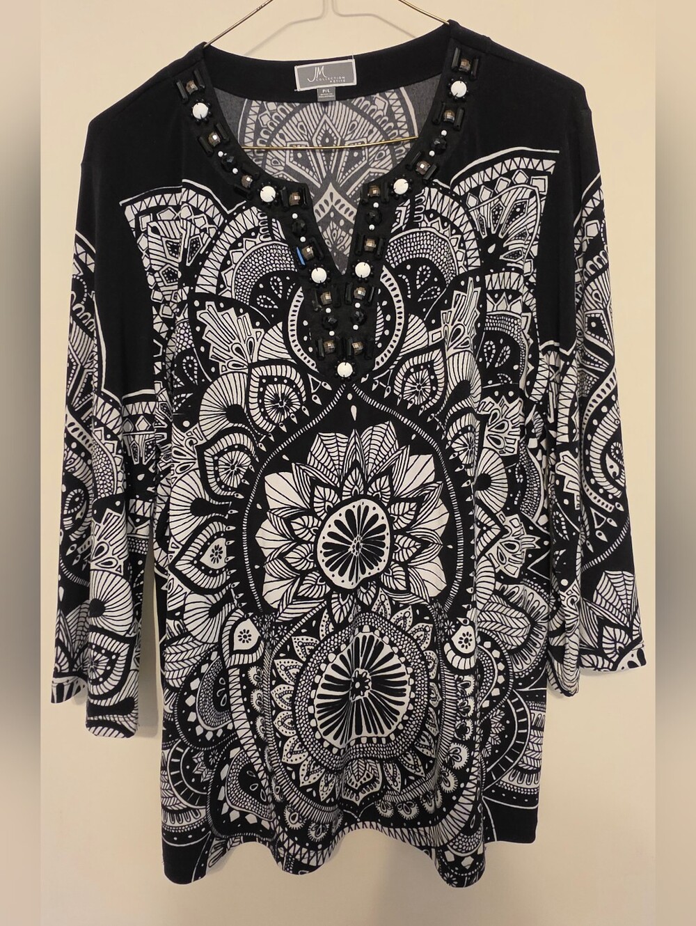 JM Collection ¾ Sleeve Top With Beaded Neckline